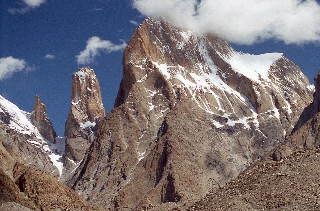 15 Trango Monk, Trango Nameless Tower, Great Trango Tower And Trango Pulpit From Baltoro Glacier Between Paiju And Khoburtse